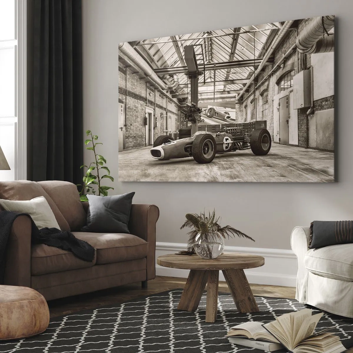 Quadro su tela - Stampe su Tela - Auto da corsa in bianco e nero in un interno industriale - 70x50cm - Il riposo del vincitore - Decorazione murale moderna per soggiorno e camera da letto ARTTOR
