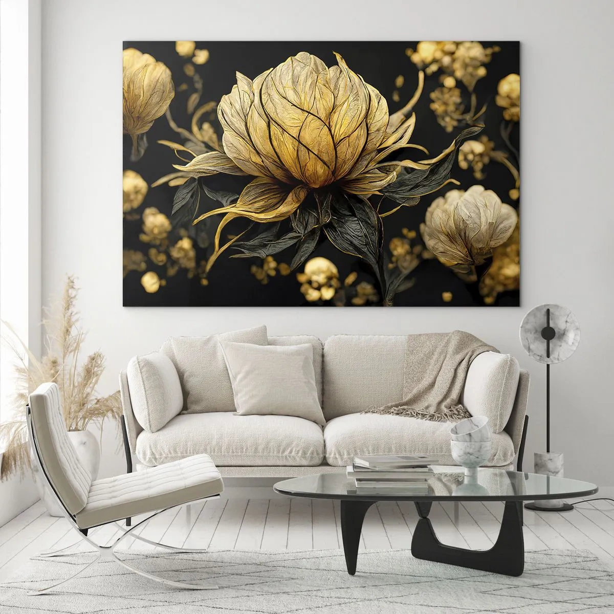 Quadro su vetro - Fiori dorati su sfondo nero in una composizione elegante - 70x50cm - Delicata fragilità - Decorazione murale moderna per soggiorno e camera da letto ARTTOR