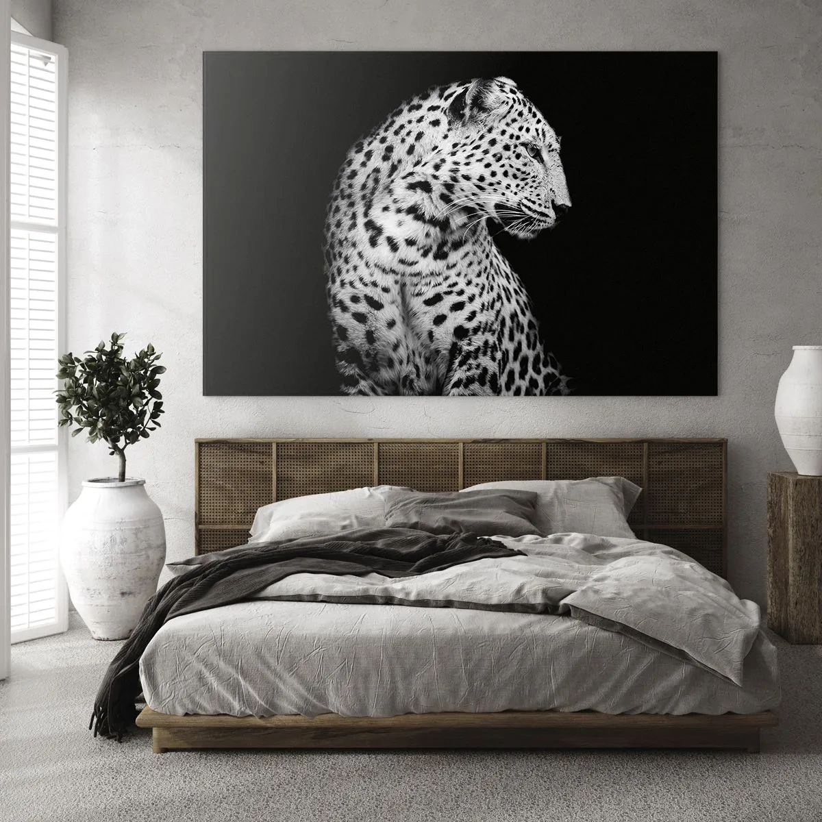 Quadro su vetro - Un leopardo in luce bianca e nera contro una finestra - 70x50cm - Profilo destro perfetto! - Decorazione murale moderna per soggiorno e camera da letto ARTTOR