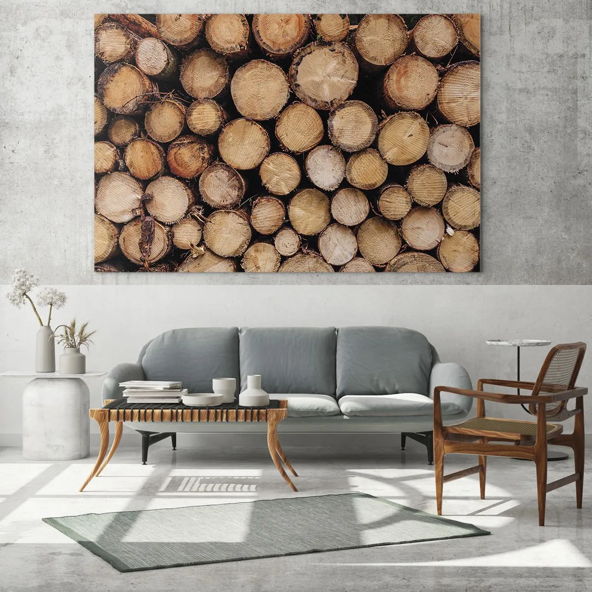 Quadro su vetro - Tronchi d'albero disposti verticalmente con anelli di crescita visibili - 70x50cm - Nuovo inizio - Decorazione murale moderna per soggiorno e camera da letto ARTTOR