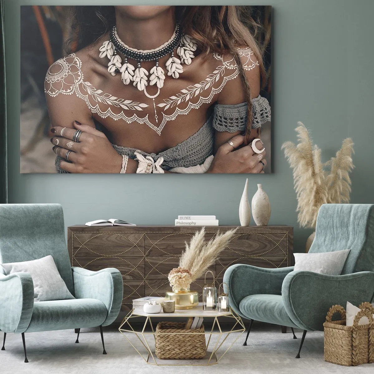 Quadro su tela - Stampe su Tela - Stile boho con gioielli di conchiglie e motivo in pizzo - 70x50cm - Talismani, rituali di femminilità - Decorazione murale moderna per soggiorno e camera da letto ARTTOR