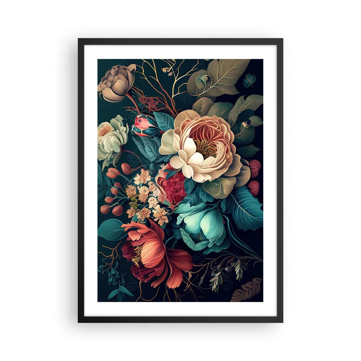Poster in cornice nera - Un mazzo di fiori in stile barocco su uno sfondo scuro - 50x70cm - Il fascino del 19esimo secolo - Decorazione murale moderna per soggiorno e camera da letto ARTTOR