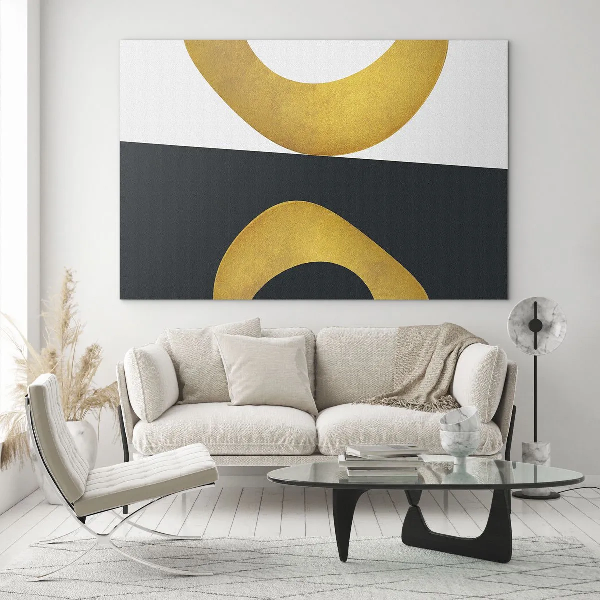 Quadro su vetro - Forme geometriche dorate su sfondo bianco e nero - 70x50cm - Iniziamo dall'oro - Decorazione murale moderna per soggiorno e camera da letto ARTTOR