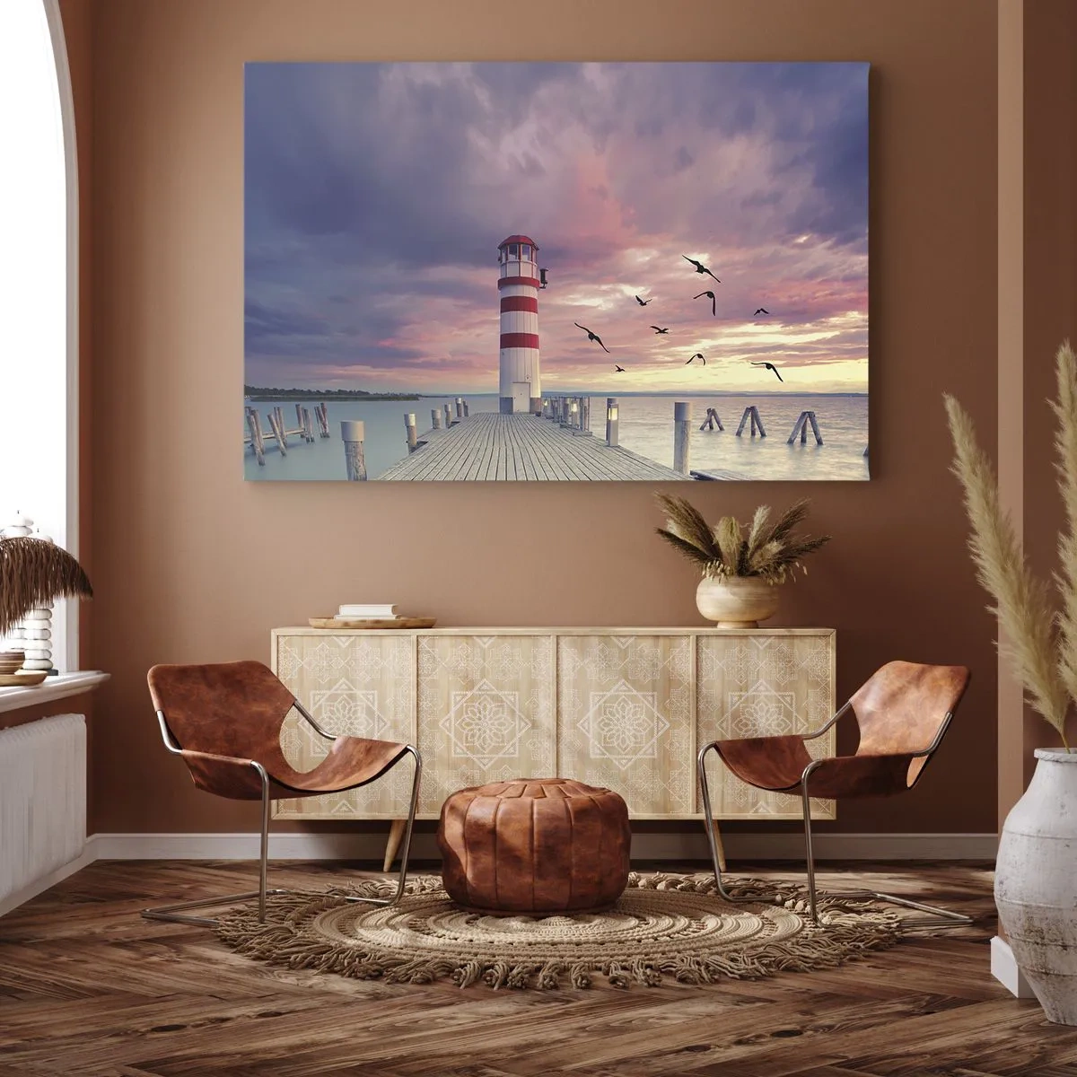 Quadro su tela - Stampe su Tela - Un faro sul molo circondato da un pittoresco tramonto - 70x50cm - Tempo di tornare in porto - Decorazione murale moderna per soggiorno e camera da letto ARTTOR