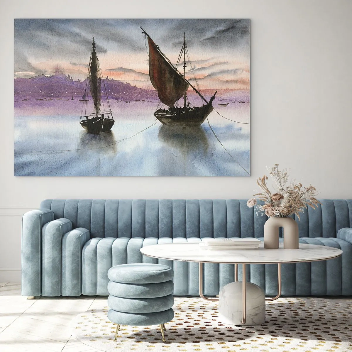 Quadro su vetro - Due barche a vela in acque calme al tramonto - 70x50cm - La sera nel porto - Decorazione murale moderna per soggiorno e camera da letto ARTTOR