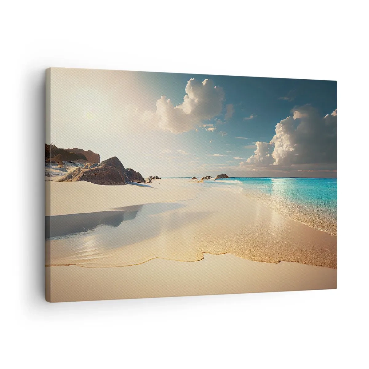Quadro su tela - Stampe su Tela - Una spiaggia soleggiata con mare azzurro e rocce - 70x50cm - Giornata ideale - Decorazione murale moderna per soggiorno e camera da letto ARTTOR