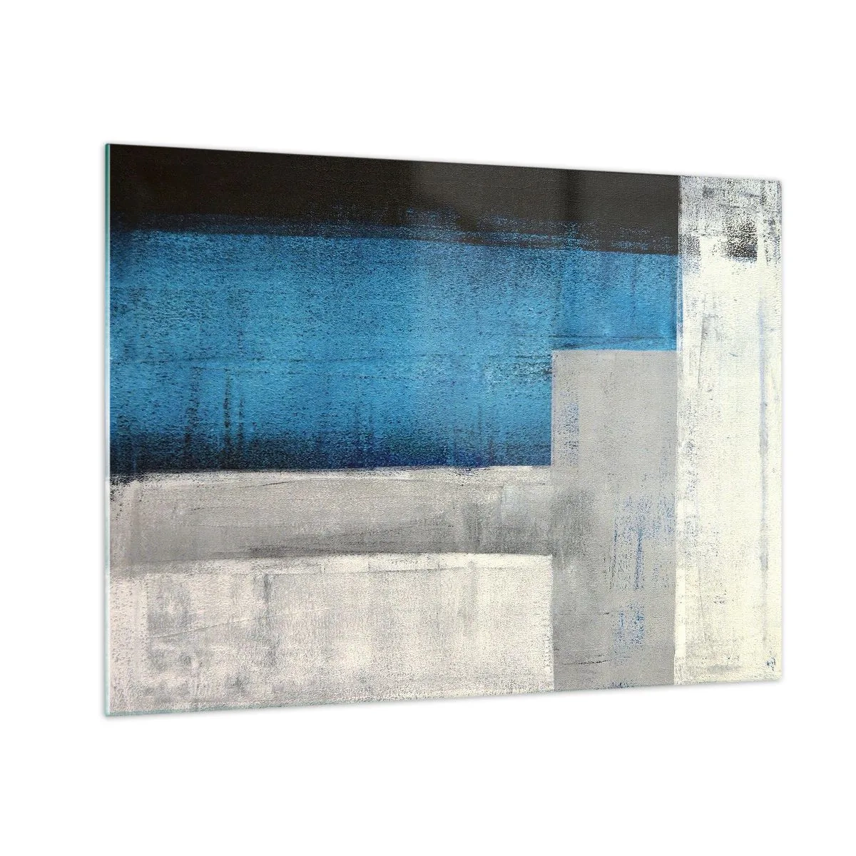 Quadro su vetro - Astrazione geometrica in blu, grigio e bianco - 70x50cm - Composizione poetica in grigio e blu - Decorazione murale moderna per soggiorno e camera da letto ARTTOR