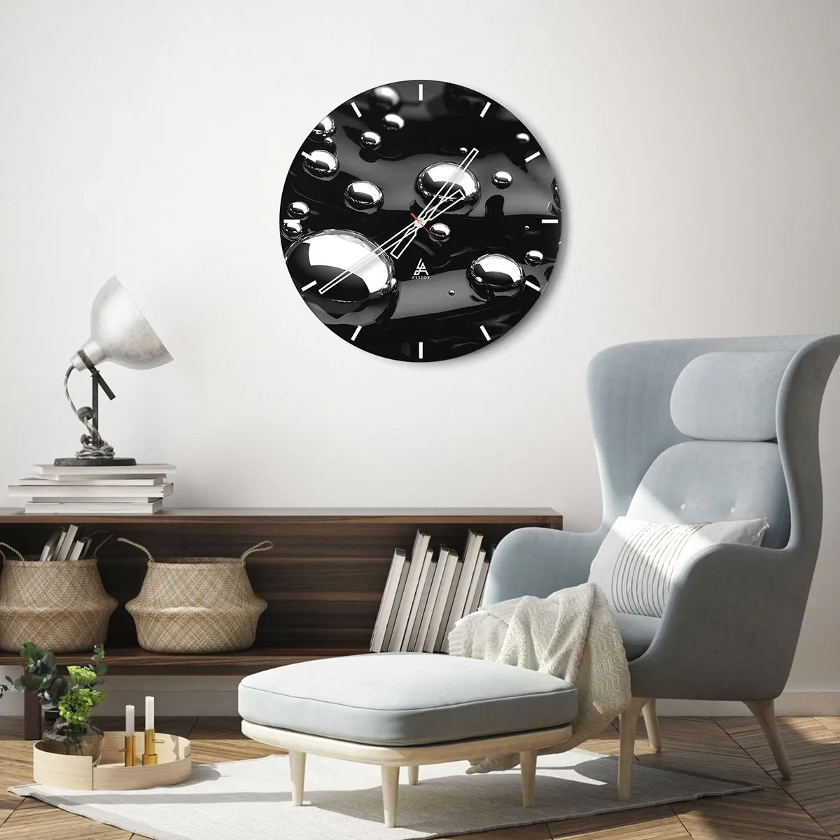 Orologio da parete - Orologio in Vetro - Sfondo nero con gocce d'acqua scintillanti - 30x30cm - Toni di nero - Decorazione murale moderna per soggiorno, cucina e camera da letto ARTTOR