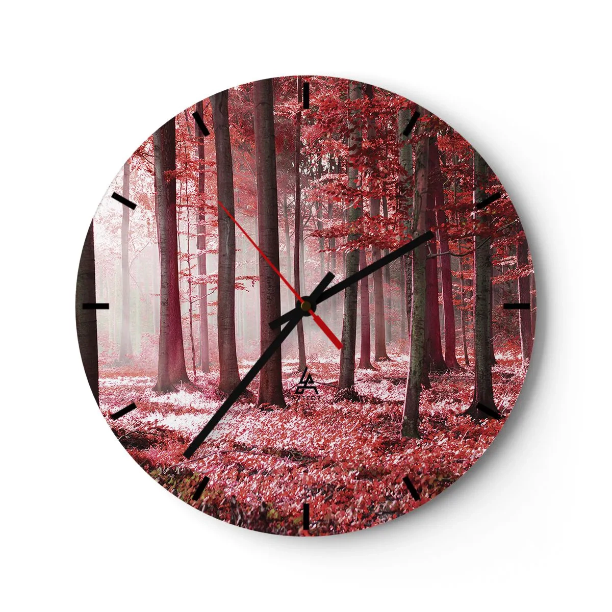 Orologio da parete - Orologio in Vetro - Una pittoresca foresta dalle sfumature rosse nella luce del mattino - 30x30cm - Anche rosso è bello - Decorazione murale moderna per soggiorno, cucina e camera da letto ARTTOR