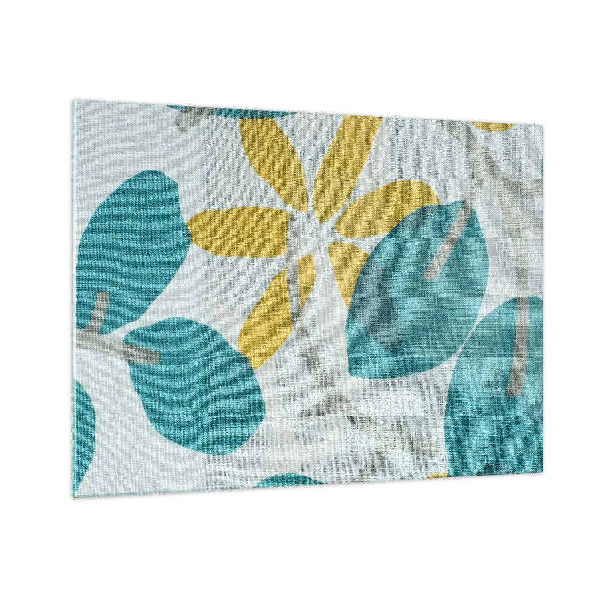 Quadro su vetro - Un grafico vegetale con foglie azzurre e fiori gialli - 70x50cm - Tra le foglie azzurre - Decorazione murale moderna per soggiorno e camera da letto ARTTOR