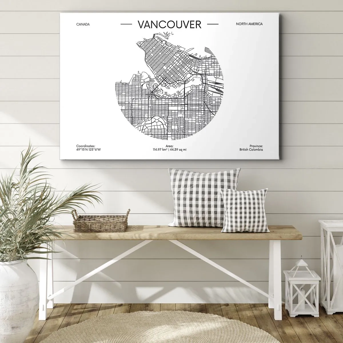 Quadro su tela - Stampe su Tela - Una mappa di Vancouver in stile minimalista in bianco e nero - 70x50cm - Anatomia Vancouver - Decorazione murale moderna per soggiorno e camera da letto ARTTOR