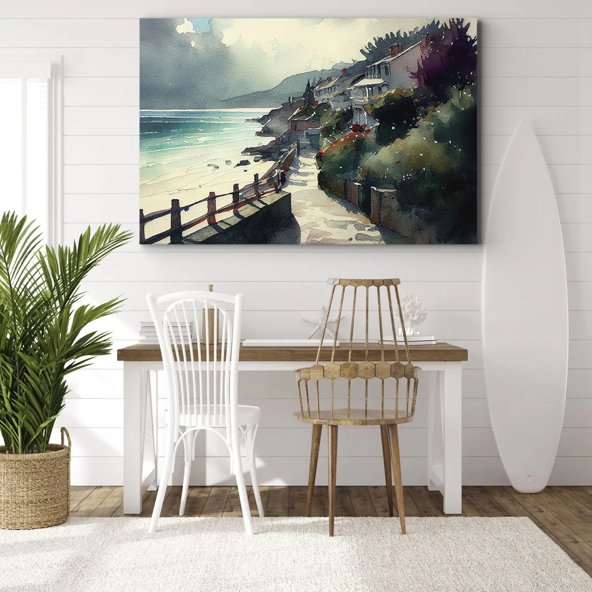 Quadro su tela - Stampe su Tela - Lungomare con case e vegetazione - 70x50cm - Cittadina mediterranea - Decorazione murale moderna per soggiorno e camera da letto ARTTOR
