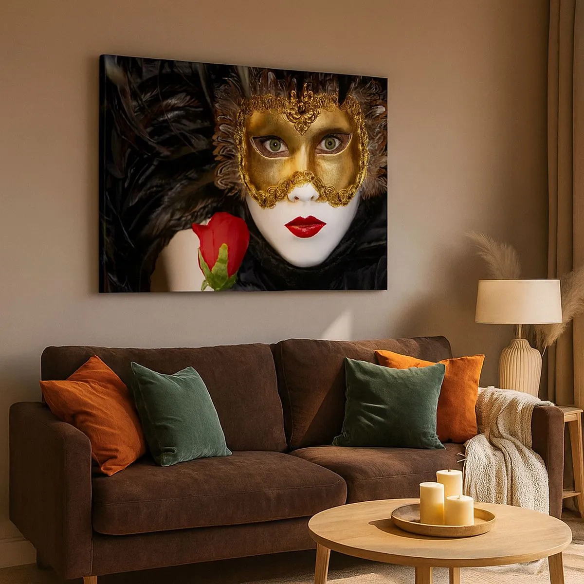 Quadro su tela - Stampe su Tela - Maschera veneziana dorata con piume e rosa rossa, motivo misterioso. - 70x50cm - Perché la vita è un grande ballo - Decorazione murale moderna per soggiorno e camera da letto ARTTOR