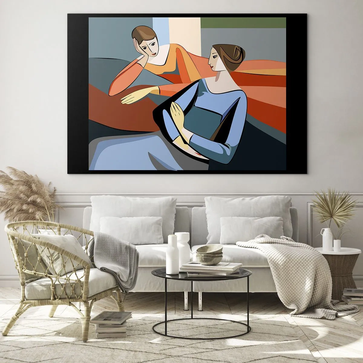 Quadro su vetro - Una scena geometrica di una conversazione tra due donne sullo sfondo di un interno. - 70x50cm - Il momento delle confidenze - Decorazione murale moderna per soggiorno e camera da letto ARTTOR