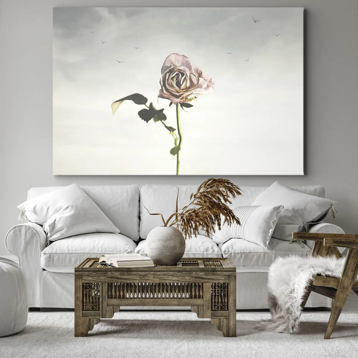 Quadro su tela - Stampe su Tela - Una rosa delicata contro un cielo luminoso con uccelli che volano - 70x50cm - Il benvenuto alla primavera - Decorazione murale moderna per soggiorno e camera da letto ARTTOR