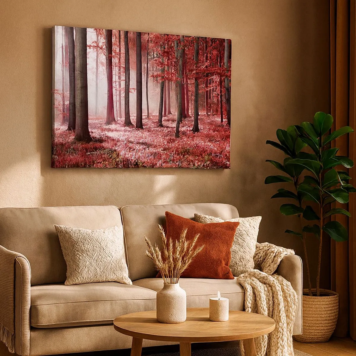 Quadro su tela - Stampe su Tela - Una splendida foresta dalle tonalità rosse con raggi di luce che penetrano attraverso gli alberi - 70x50cm - Anche rosso è bello - Decorazione murale moderna per soggiorno e camera da letto ARTTOR