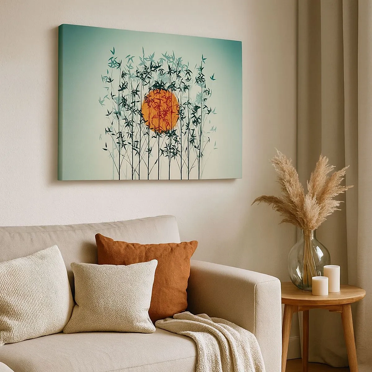 Quadro su tela - Stampe su Tela - Sole arancione tra i rami di bambù - 70x50cm - Sole giapponese - Decorazione murale moderna per soggiorno e camera da letto ARTTOR