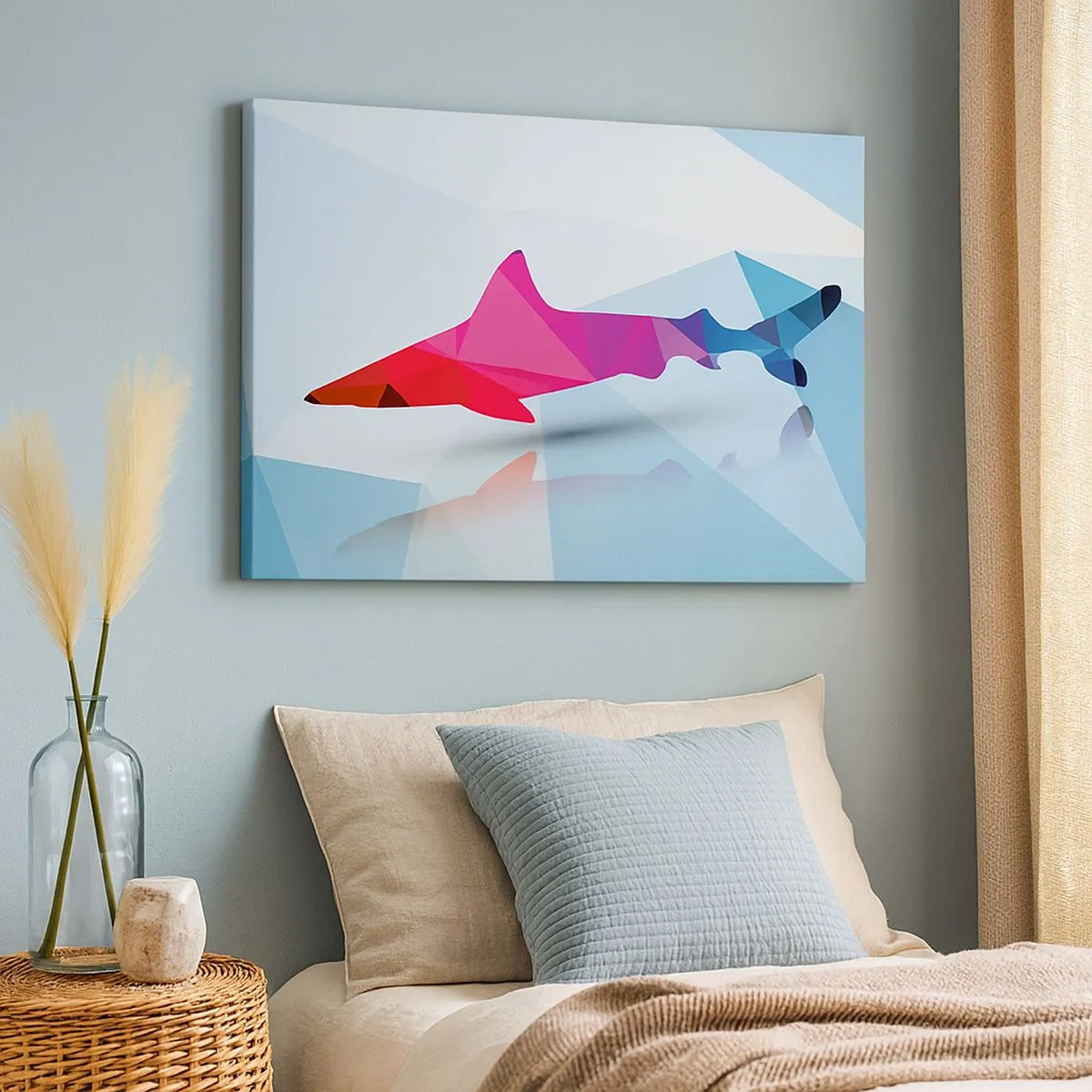 Quadro su tela - Stampe su Tela - Sagoma geometrica di squalo nei toni del rosa e del blu - 70x50cm - Squalo nello spazio di cristallo - Decorazione murale moderna per soggiorno e camera da letto ARTTOR