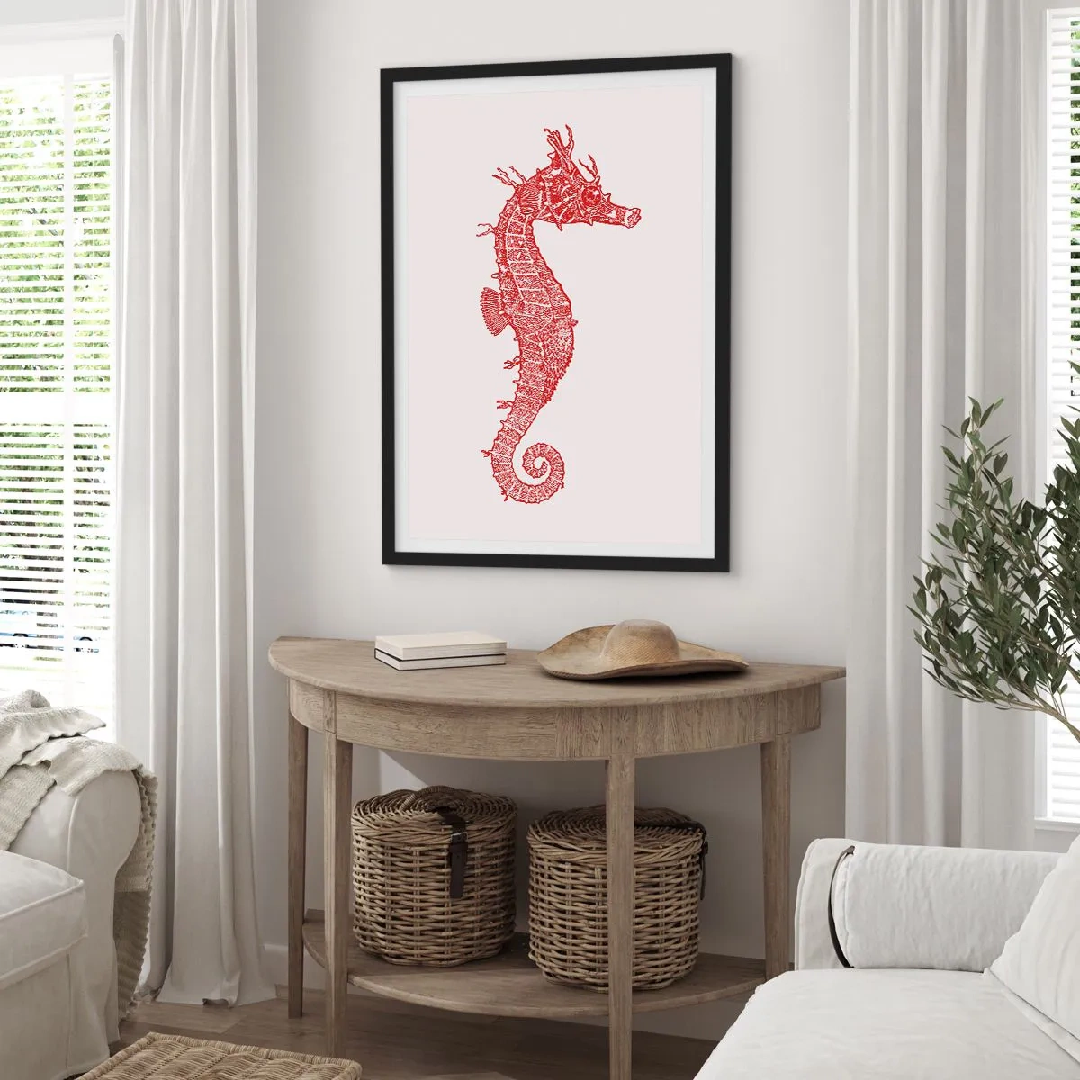 Poster in cornice nera - Cavalluccio marino steampunk rosso su sfondo chiaro - 50x70cm - Creatura raffinata - Decorazione murale moderna per soggiorno e camera da letto ARTTOR