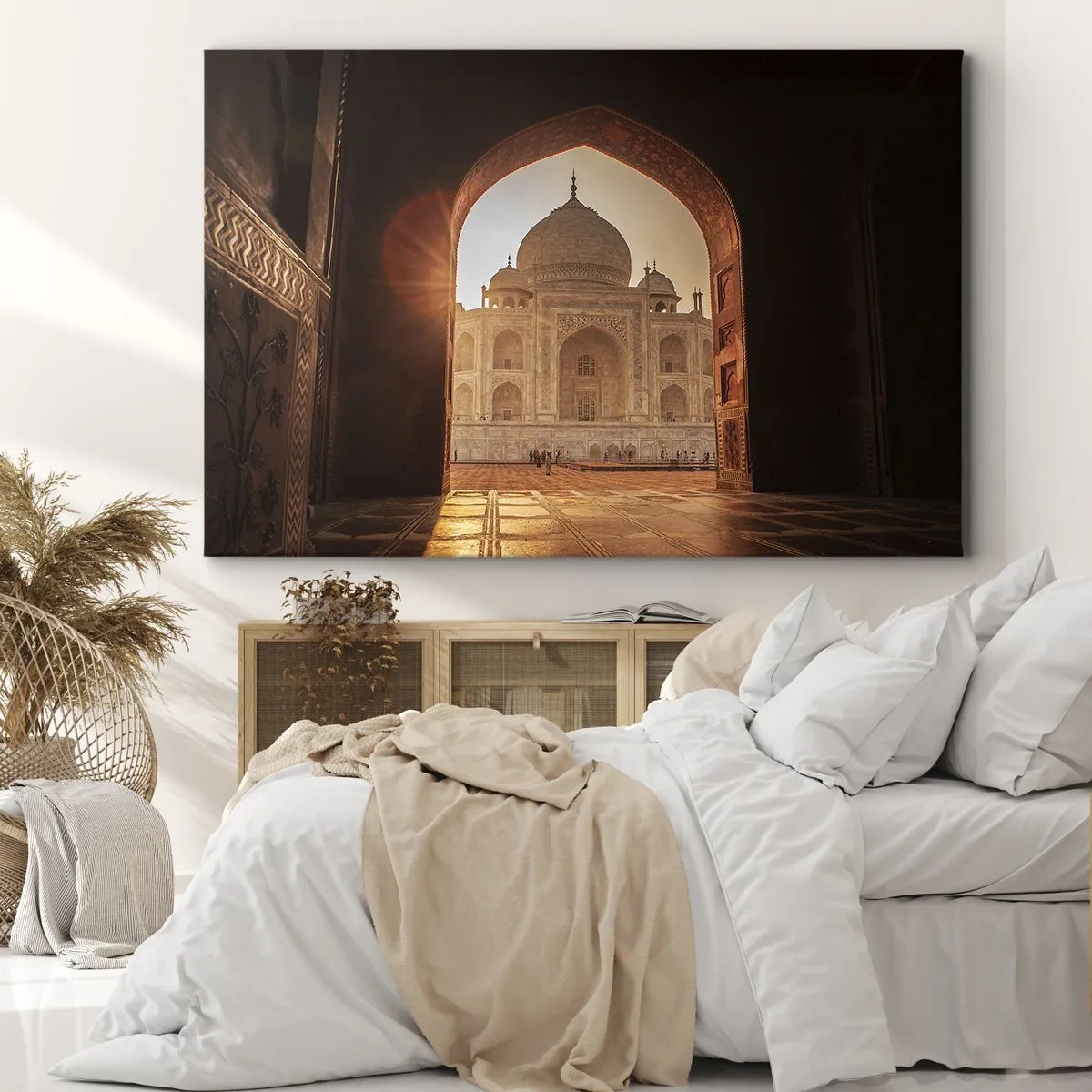 Quadro su tela - Stampe su Tela - Il Taj Mahal alla luce del sole visto dall'arco del cancello - 70x50cm - Monumento all'amore ultraterreno - Decorazione murale moderna per soggiorno e camera da letto ARTTOR