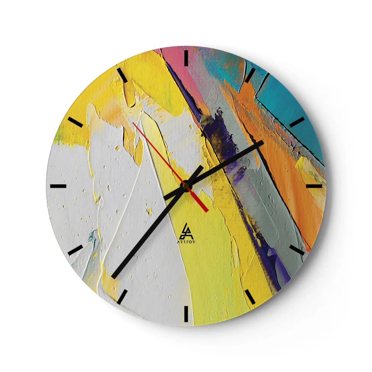 Orologio da parete - Orologio in Vetro - Astrazione colorata con predominanza di giallo, bianco e blu - 30x30cm - Anatomia della luce - Decorazione murale moderna per soggiorno, cucina e camera da letto ARTTOR