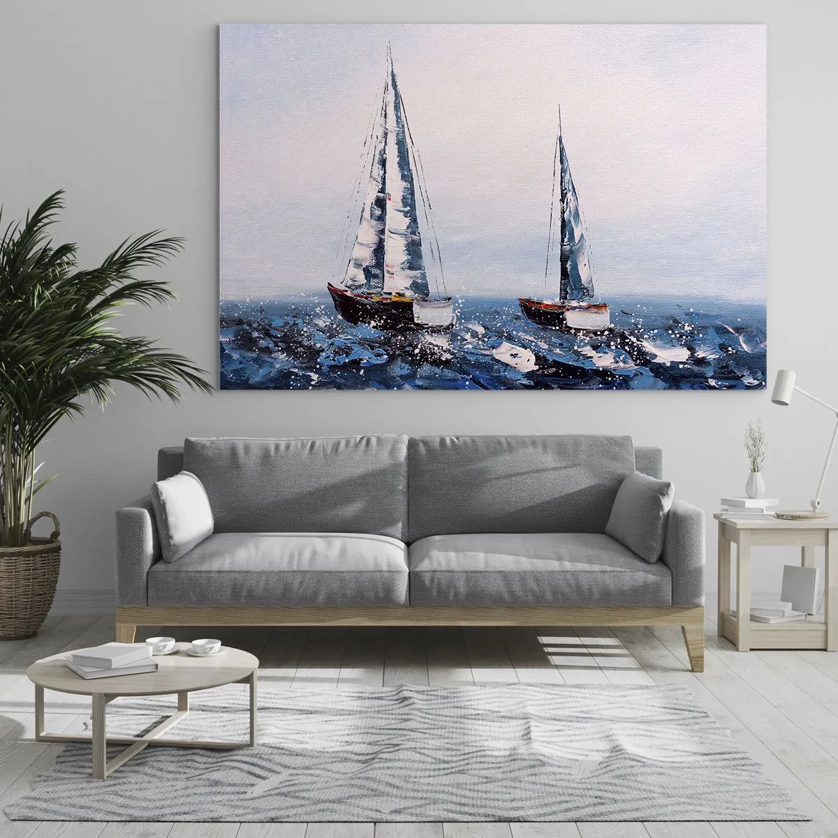 Quadro su vetro - Due yacht su un mare in tempesta in uno stile pittorico impressionista. - 70x50cm - Fratellanza nel vento - Decorazione murale moderna per soggiorno e camera da letto ARTTOR