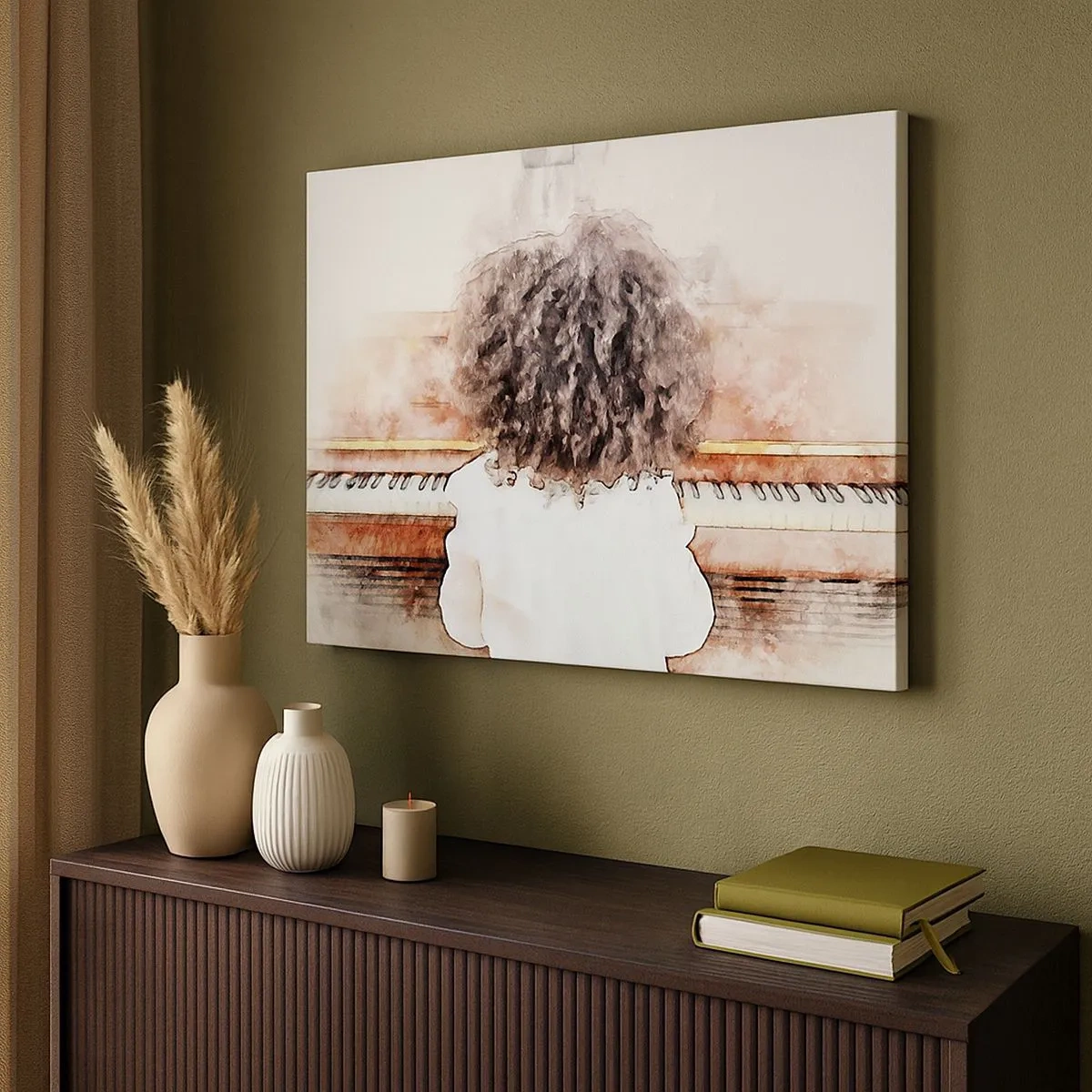 Quadro su tela - Stampe su Tela - Una ragazza con i capelli folti al pianoforte - 70x50cm - Nel nuovo mondo - Decorazione murale moderna per soggiorno e camera da letto ARTTOR