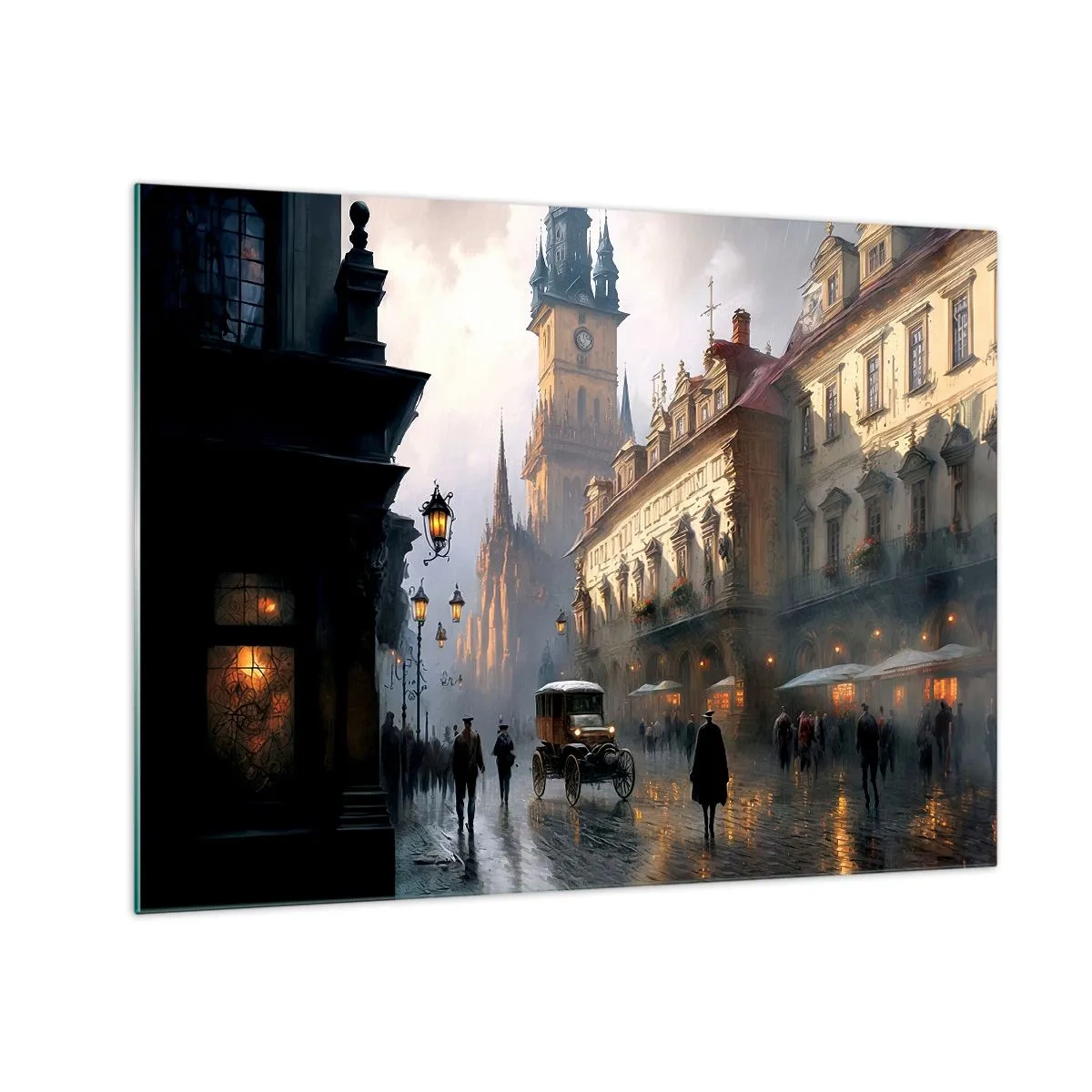 Quadro su vetro - Una strada storica illuminata dalle lanterne al tramonto - 70x50cm - Il fascino delle sere di Praga - Decorazione murale moderna per soggiorno e camera da letto ARTTOR