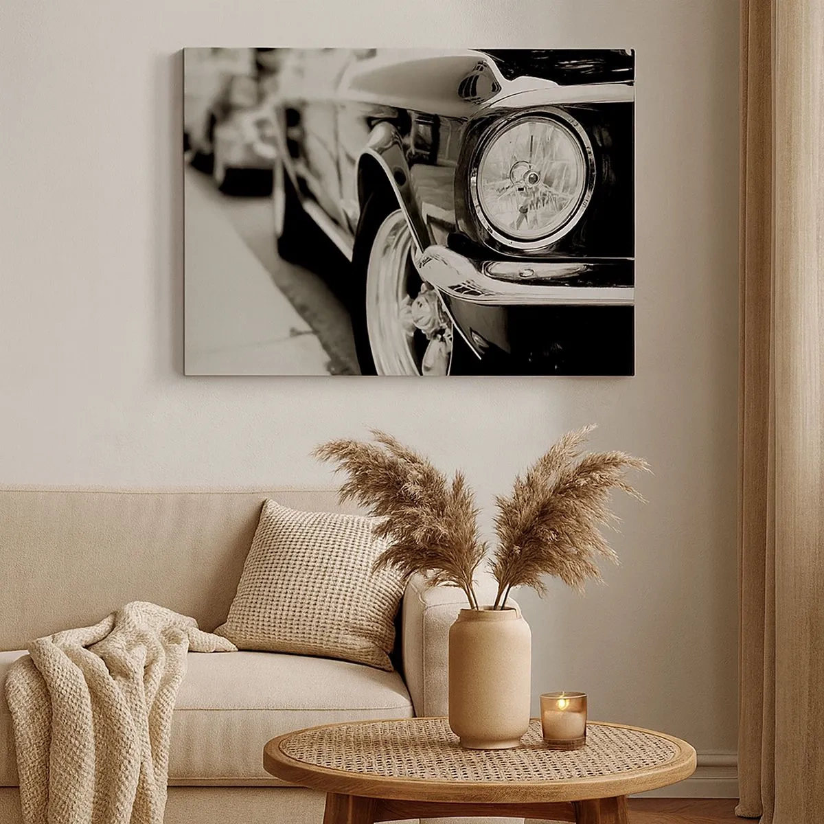 Quadro su tela - Stampe su Tela - Un'iconica auto d'epoca in elegante bianco e nero - 70x50cm - Bellezza intramontabile - Decorazione murale moderna per soggiorno e camera da letto ARTTOR