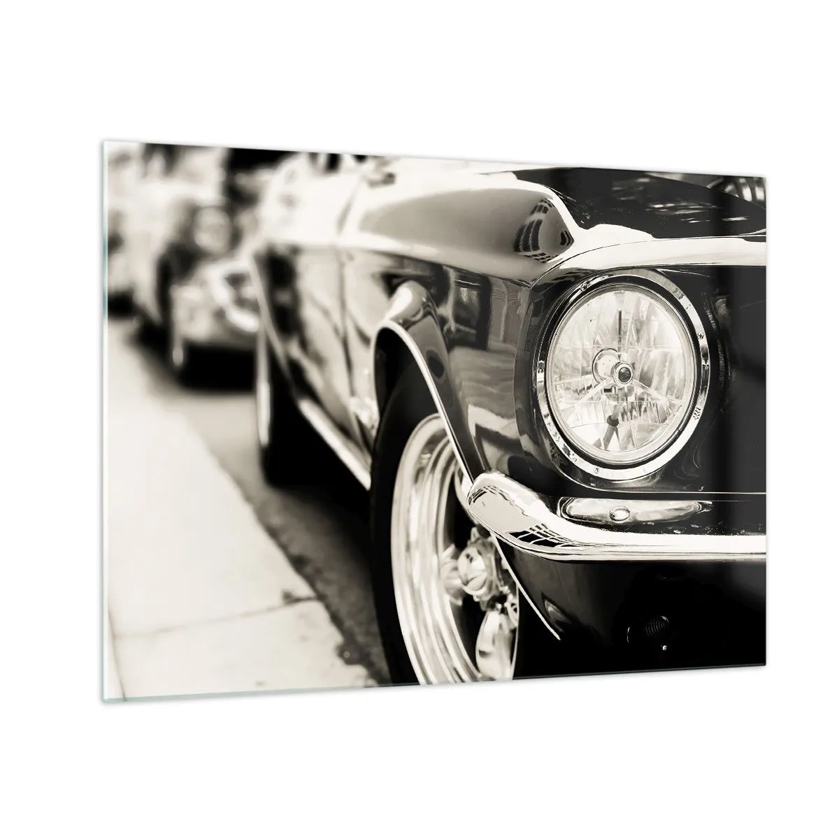 Quadro su vetro - Primo piano della parte anteriore di un'auto d'epoca in seppia - 70x50cm - Bellezza intramontabile - Decorazione murale moderna per soggiorno e camera da letto ARTTOR