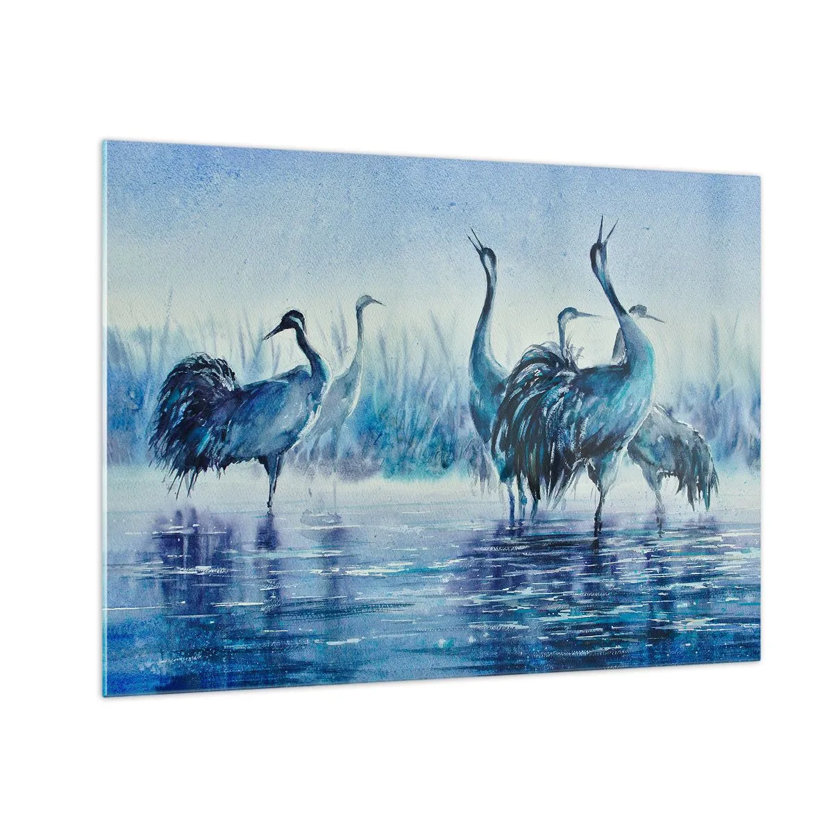 Quadro su vetro - Uccelli che guadano nell'acqua blu - 70x50cm - Incontro mattutino - Decorazione murale moderna per soggiorno e camera da letto ARTTOR