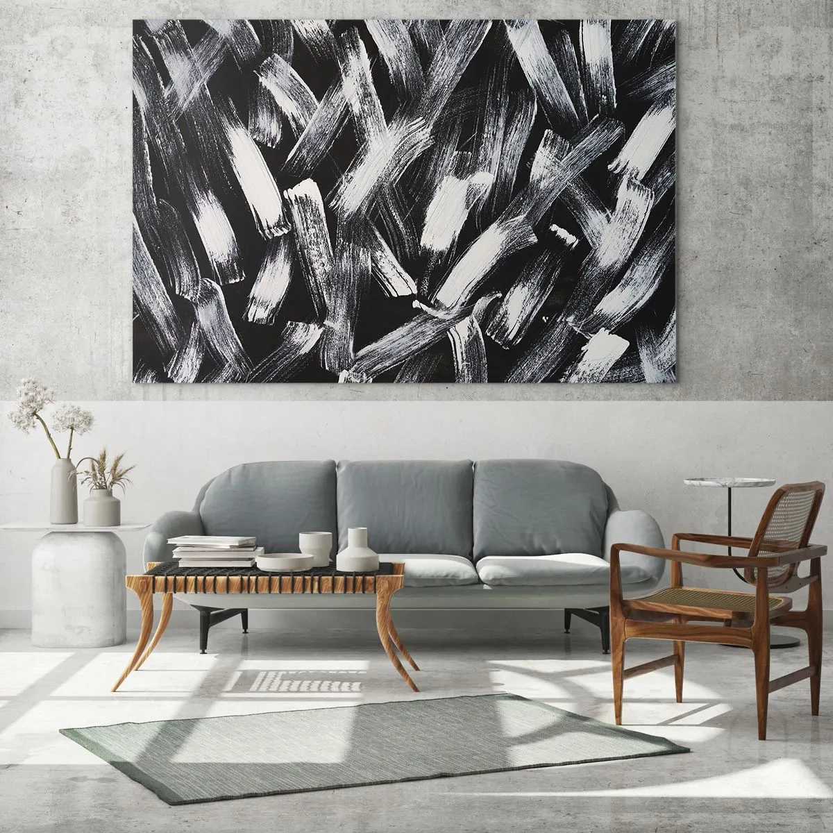 Quadro su vetro - Astrazione in bianco e nero di pennellate su uno sfondo scuro - 70x50cm - Astrazione in spirito industriale - Decorazione murale moderna per soggiorno e camera da letto ARTTOR