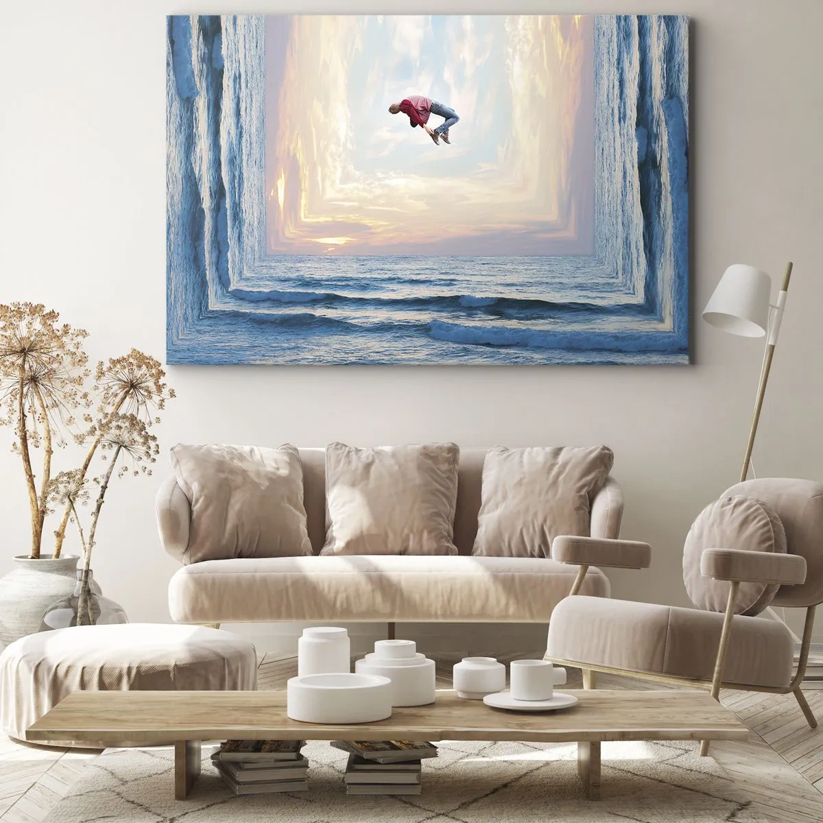 Quadro su tela - Stampe su Tela - Salto surreale sul mare nella cornice - 70x50cm - In un'altra dimensione - Decorazione murale moderna per soggiorno e camera da letto ARTTOR