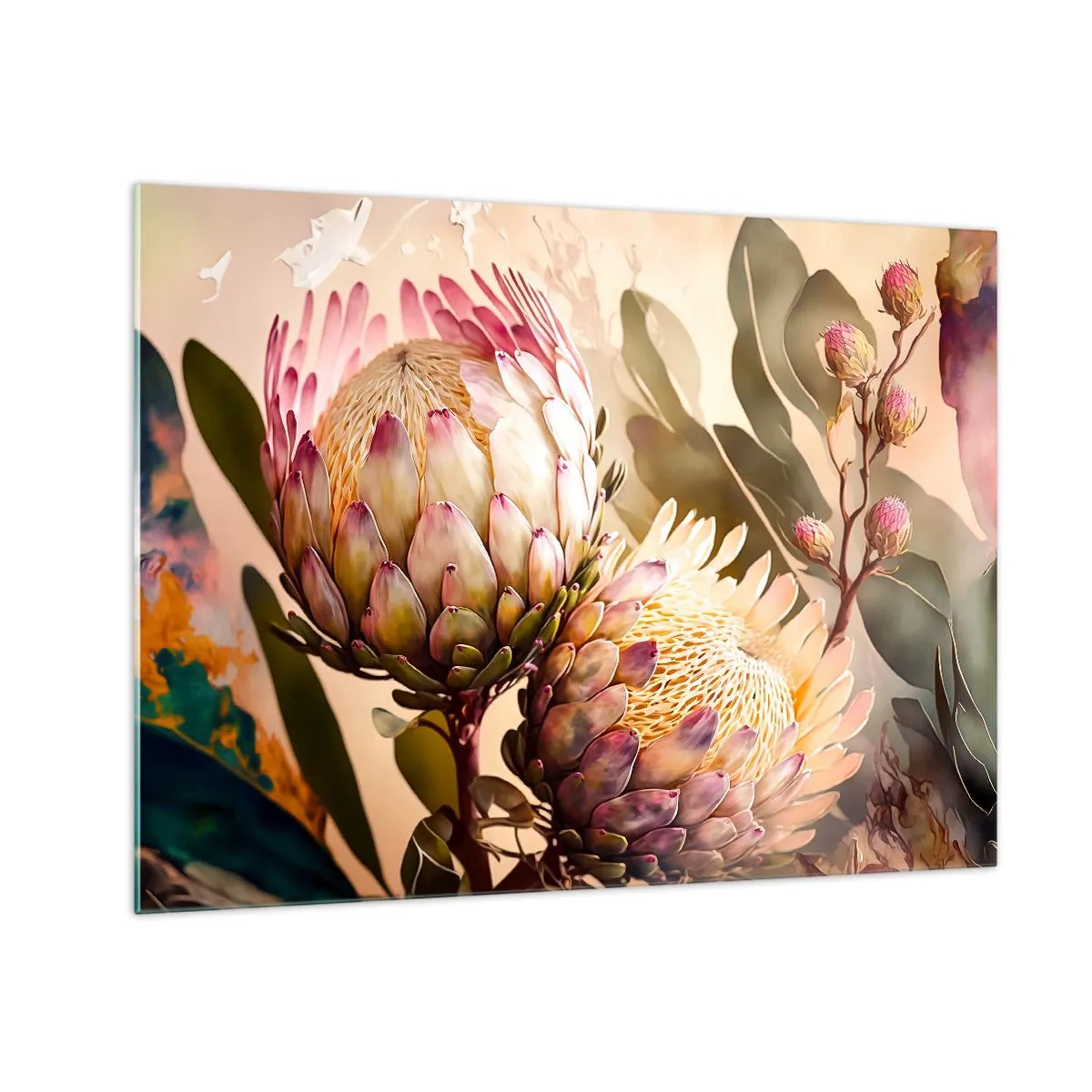 Quadro su vetro - Fiori di protea in toni caldi e luce soffusa - 70x50cm - Tenero abbraccio - Decorazione murale moderna per soggiorno e camera da letto ARTTOR