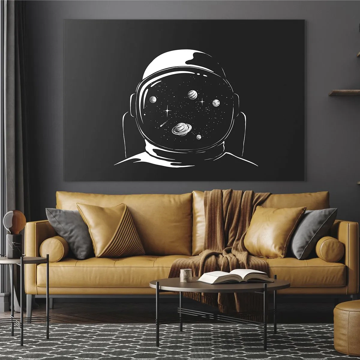 Quadro su vetro - Astronauta con stelle e pianeti nel suo casco su sfondo nero - 70x50cm - Panorama niente male - Decorazione murale moderna per soggiorno e camera da letto ARTTOR