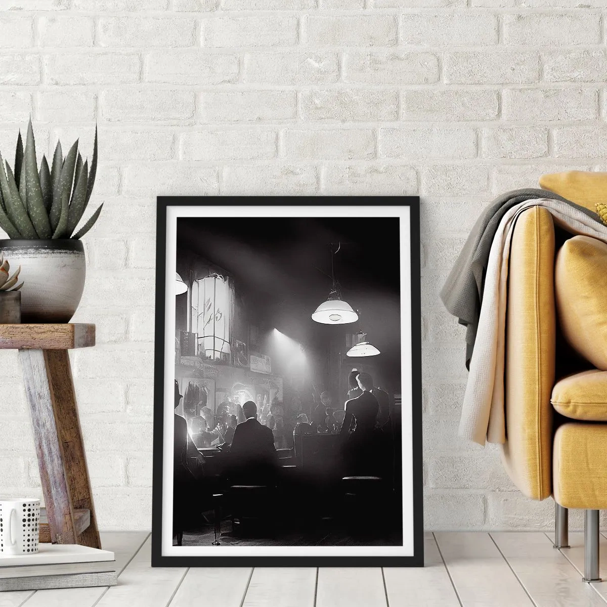 Poster in cornice nera - Una scena in bianco e nero di un suggestivo locale notturno jazz - 50x70cm - Nell'atmosfera jazz - Decorazione murale moderna per soggiorno e camera da letto ARTTOR