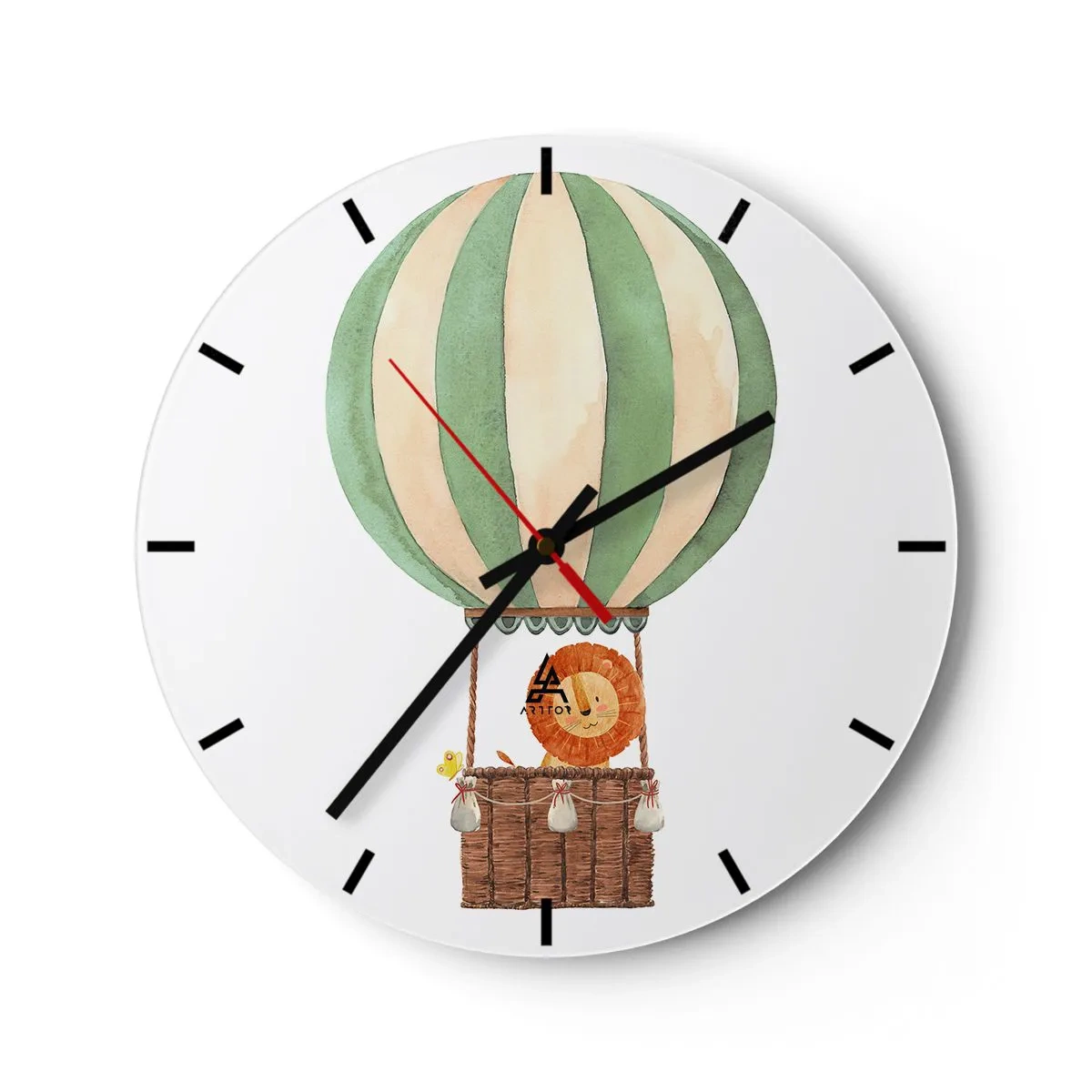 Orologio da parete - Orologio in Vetro - Un leone e un'anatra in un palloncino su uno sfondo bianco - 30x30cm - I viaggi del leone - Decorazione murale moderna per soggiorno, cucina e camera da letto ARTTOR