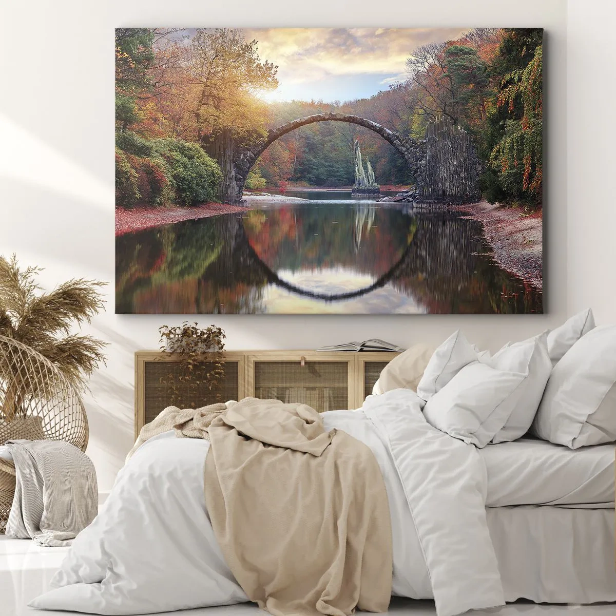 Quadro su tela - Stampe su Tela - Un ponte di pietra in uno scenario autunnale sopra acque calme - 70x50cm - Dall'altro lato dello specchio - Decorazione murale moderna per soggiorno e camera da letto ARTTOR