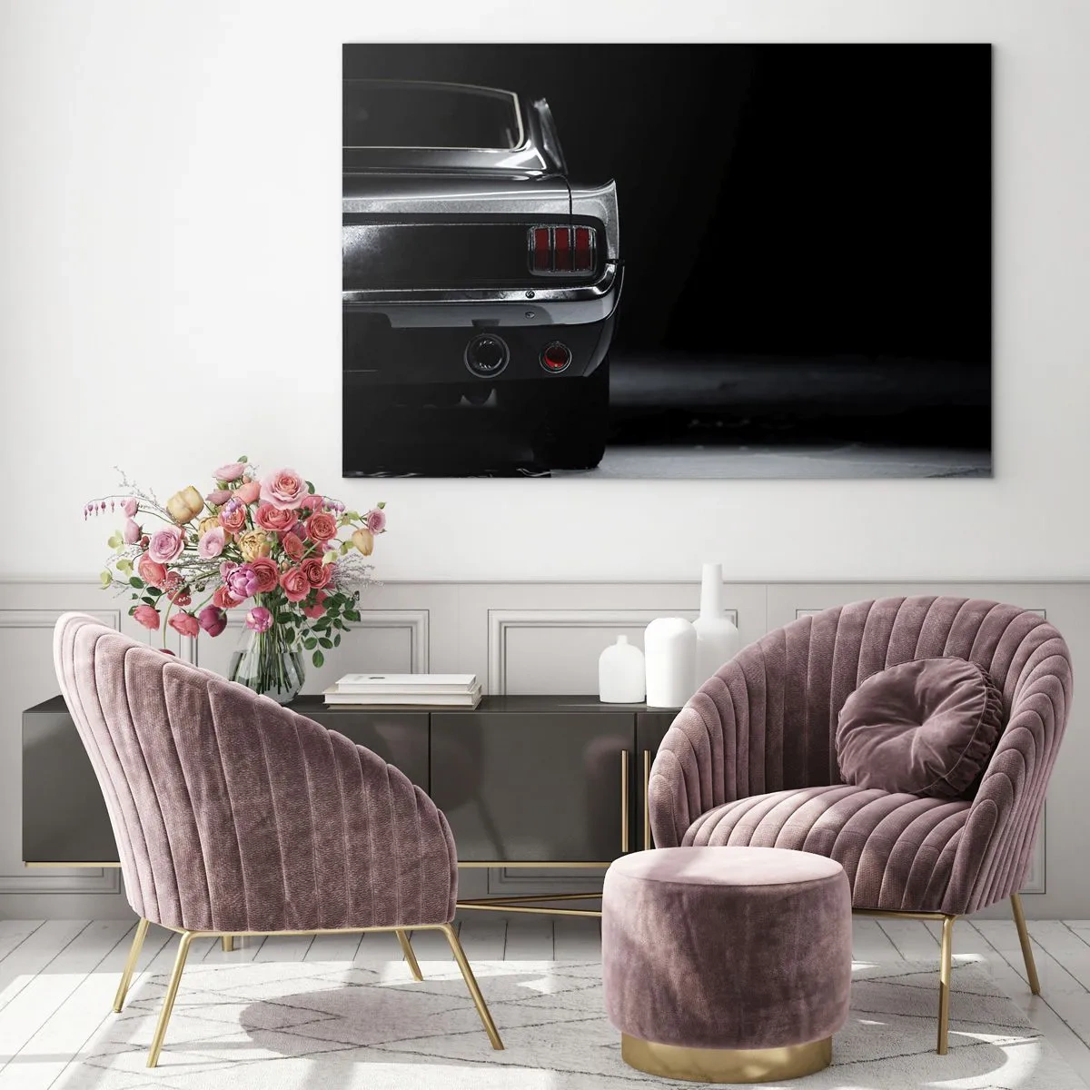 Quadro su vetro - La parte posteriore di un'auto d'epoca con interni scuri ed eleganti - 70x50cm - Il fascino del classico - Decorazione murale moderna per soggiorno e camera da letto ARTTOR