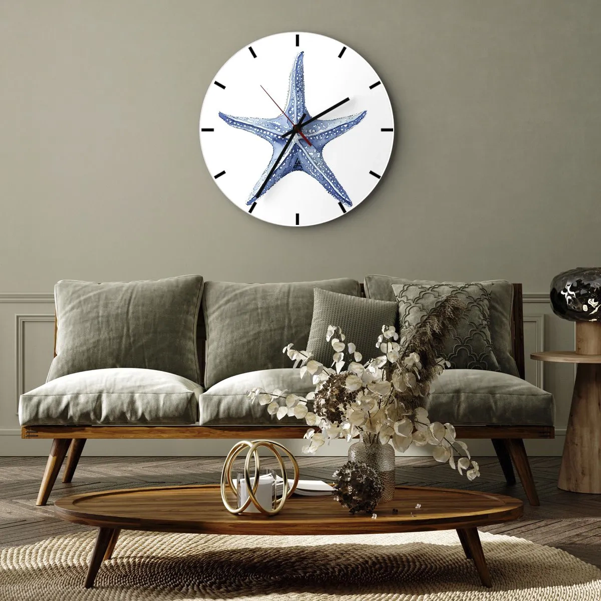Orologio da parete - Orologio in Vetro - Stella marina blu su sfondo bianco in stile acquerello - 30x30cm - Stella marina - Decorazione murale moderna per soggiorno, cucina e camera da letto ARTTOR