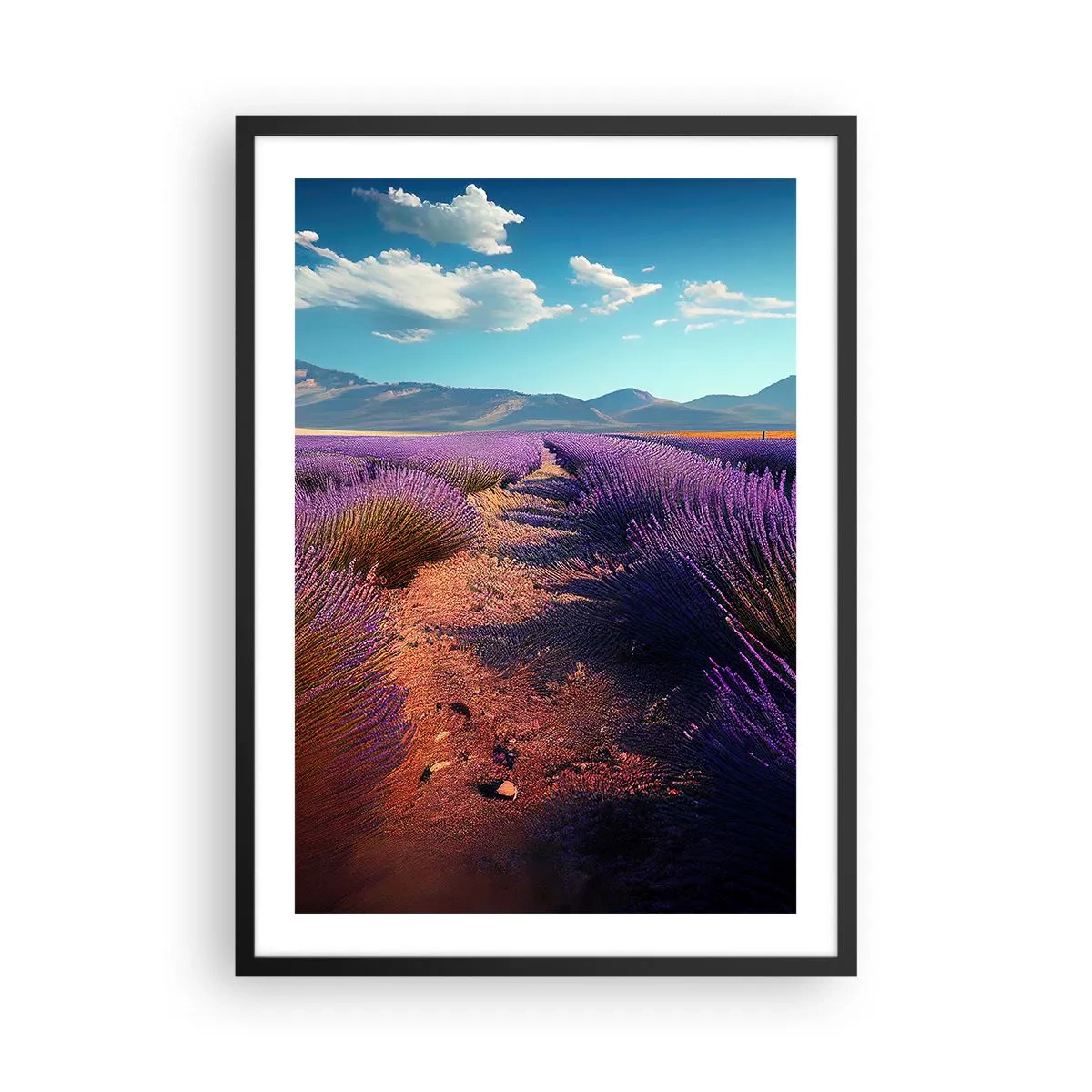 Poster in cornice nera - Un campo di lavanda al tramonto con un paesaggio montano sullo sfondo - 50x70cm - Campi profumati - Decorazione murale moderna per soggiorno e camera da letto ARTTOR