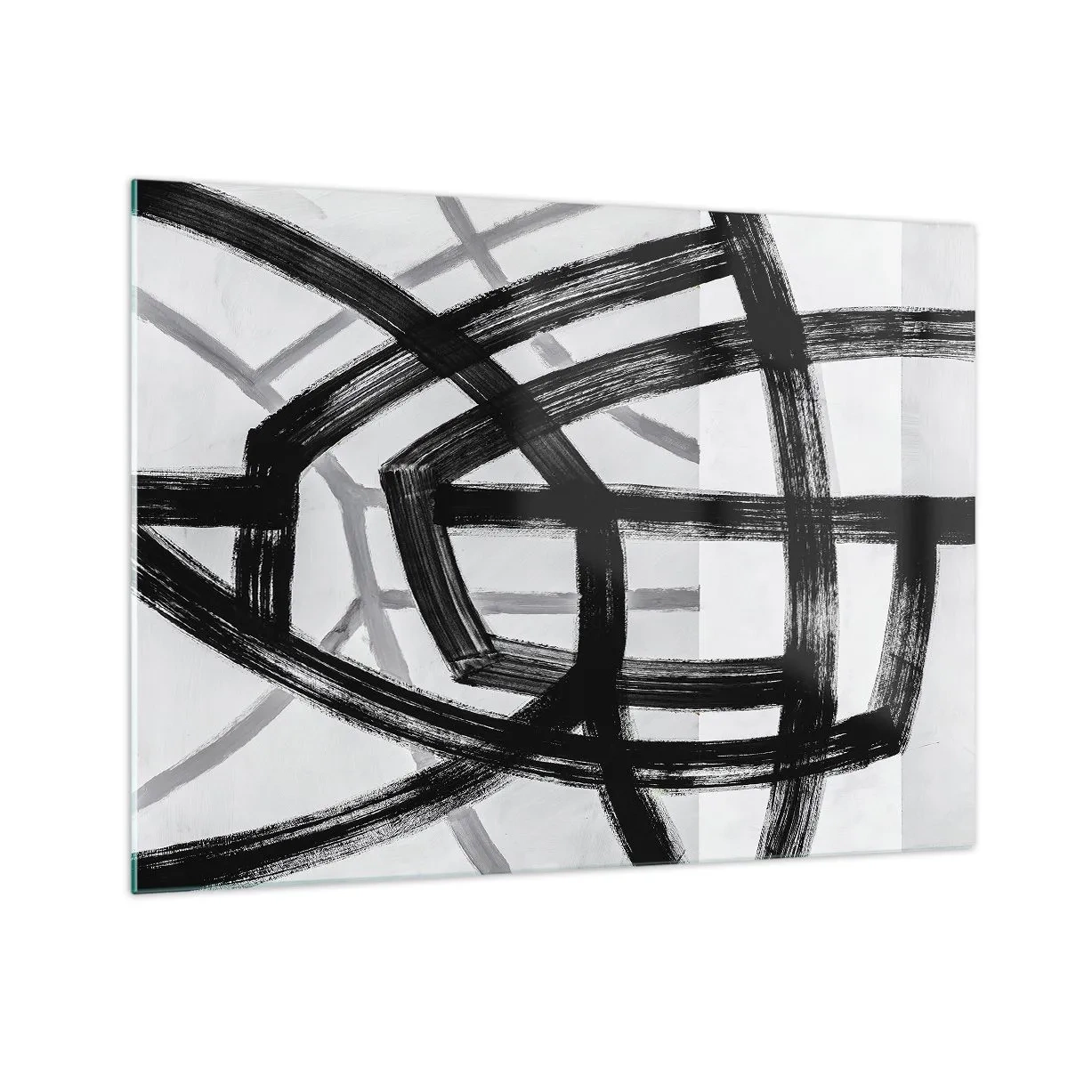 Quadro su vetro - Pennellate nere e grigie creano una rete dinamica di linee. - 70x50cm - Costruendo la profondità - Decorazione murale moderna per soggiorno e camera da letto ARTTOR