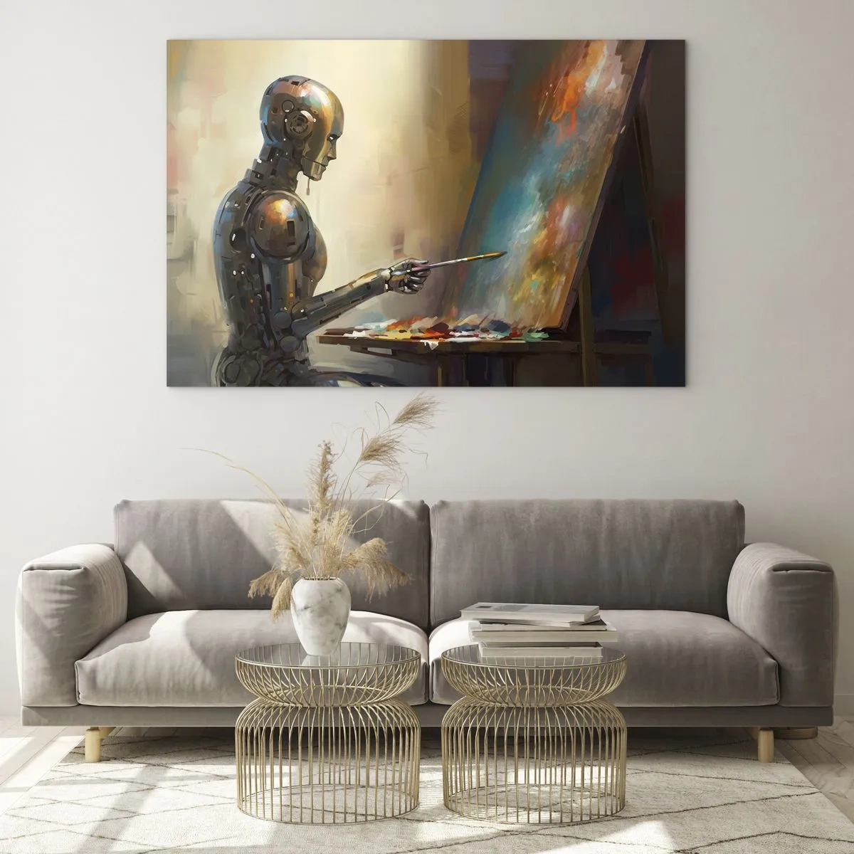 Quadro su vetro - Un robot che dipinge un quadro su un cavalletto - 70x50cm - L'arte del futuro - Decorazione murale moderna per soggiorno e camera da letto ARTTOR