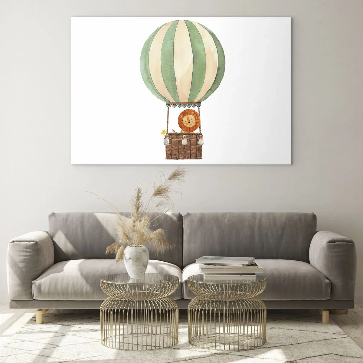 Quadro su vetro - Un leone in un cesto di palloncini che galleggia su uno sfondo bianco - 70x50cm - I viaggi del leone - Decorazione murale moderna per soggiorno e camera da letto ARTTOR