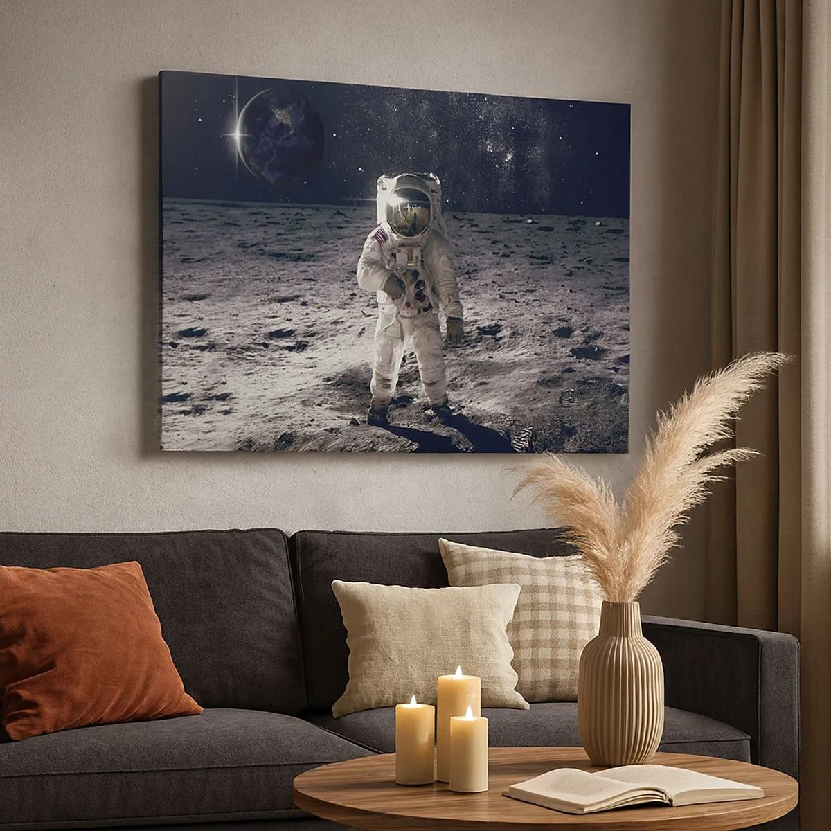 Quadro su tela - Stampe su Tela - Astronauta sulla superficie della Luna con la Terra sullo sfondo - 70x50cm - Saluti dalla luna - Decorazione murale moderna per soggiorno e camera da letto ARTTOR