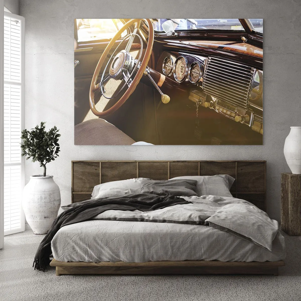 Quadro su vetro - Interno di un'auto d'epoca con volante in legno - 70x50cm - Un soffio di lusso dal passato - Decorazione murale moderna per soggiorno e camera da letto ARTTOR