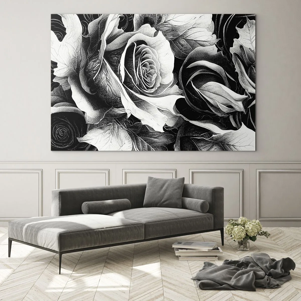 Quadro su vetro - Composizione floreale di rose bianche e nere con dettagli - 70x50cm - Sempre regina - Decorazione murale moderna per soggiorno e camera da letto ARTTOR