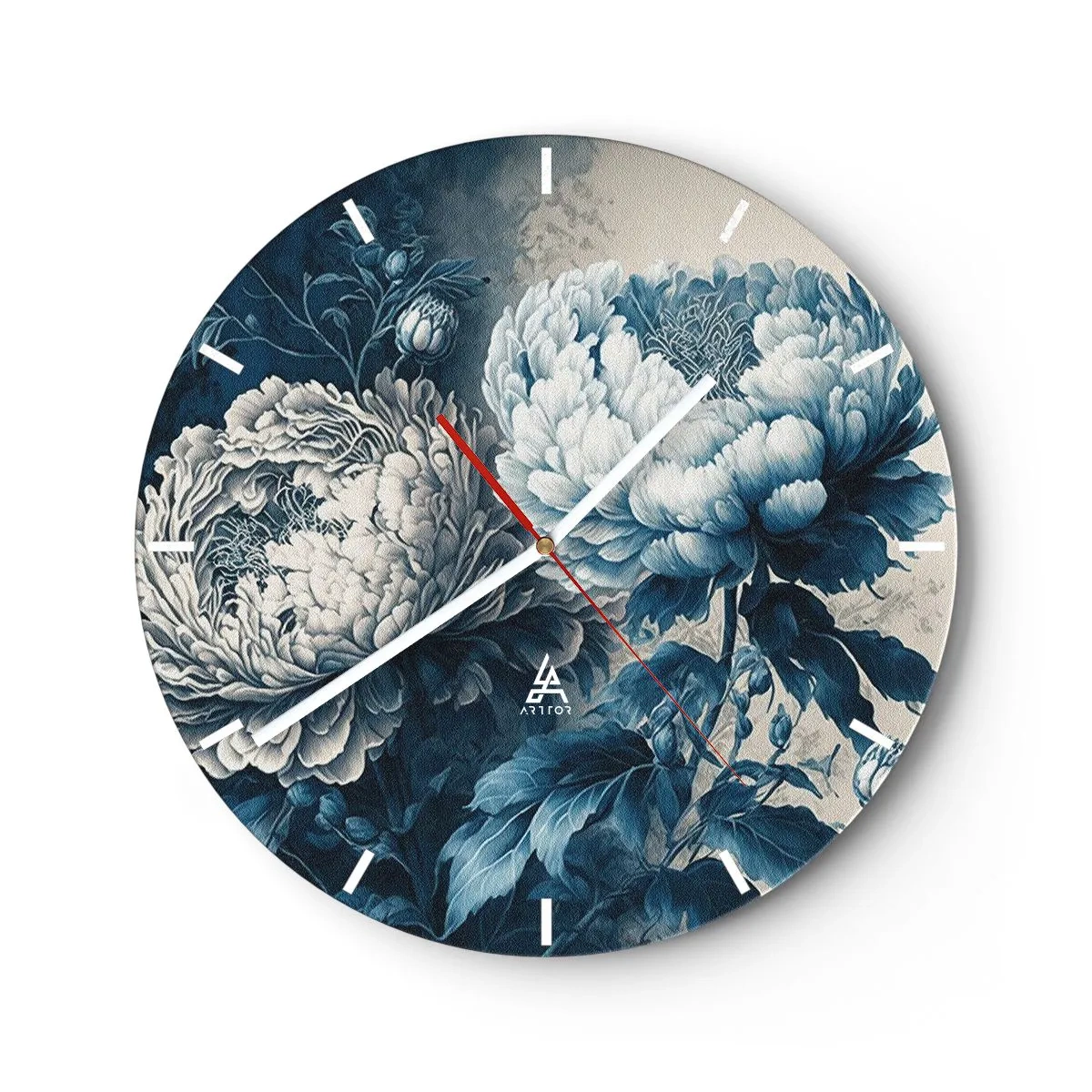 Orologio da parete - Orologio in Vetro - Illustrazione di due peonie nei toni del blu e del bianco - 30x30cm - Coppia perfetta - Decorazione murale moderna per soggiorno, cucina e camera da letto ARTTOR
