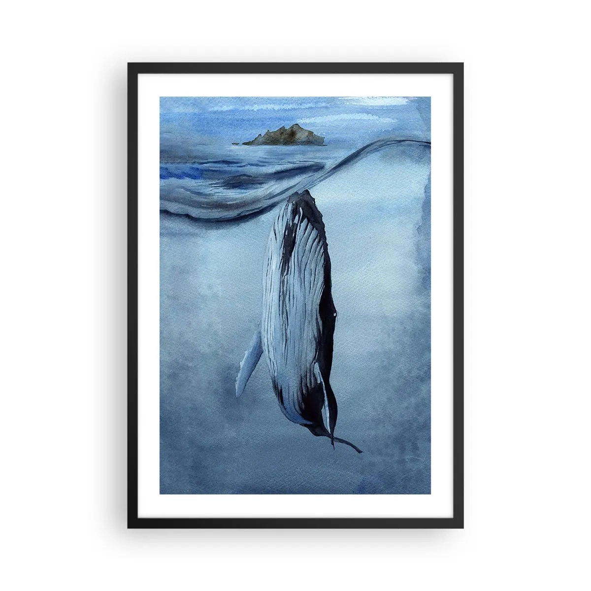 Poster in cornice nera - Una balena sotto la superficie dell'oceano - 50x70cm - I due mondi del nord - Decorazione murale moderna per soggiorno e camera da letto ARTTOR