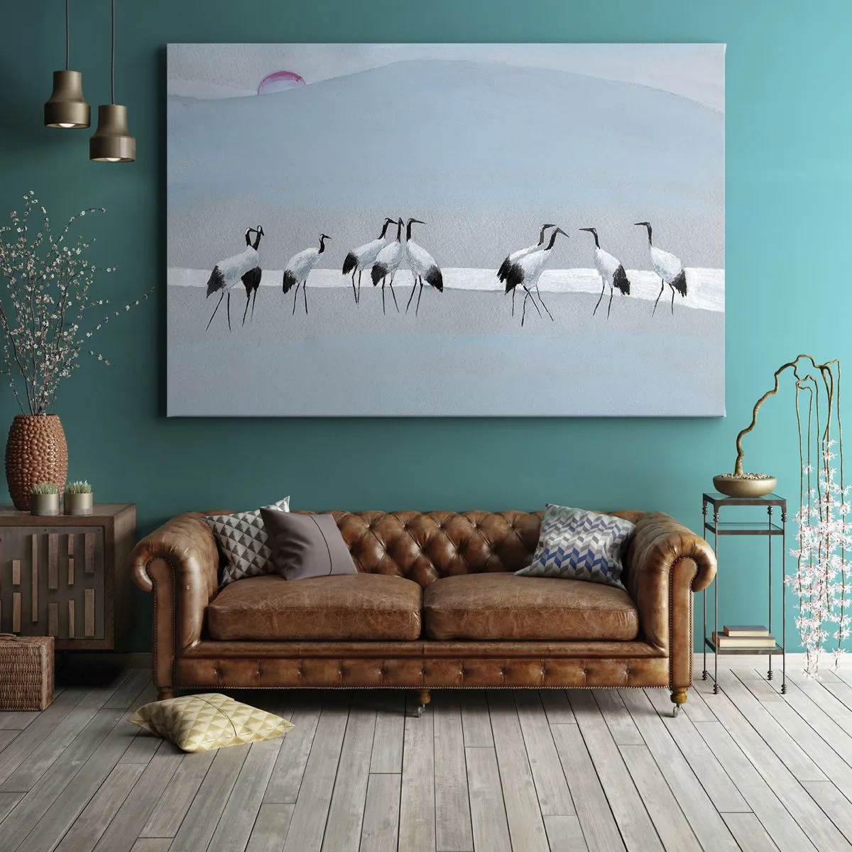 Quadro su tela - Stampe su Tela - Un gruppo di gru contro un cielo azzurro e il sole nascente - 70x50cm - Dopo un giorno rovente - Decorazione murale moderna per soggiorno e camera da letto ARTTOR